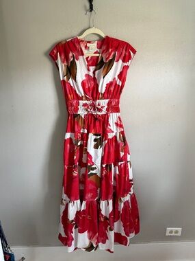 Cynthia Rowley Red Floral Smocked Waist Tiered Maxi Dress Size S